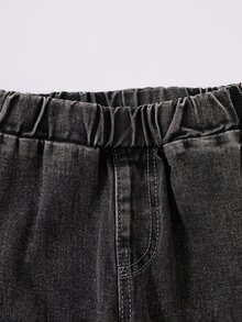 Girls Black & Grey Washed Denim Set Autumn Vintage Lapel Pearl Studded Bow Short Jacket Elastic Waist Wide Leg Jeans Two Pieces Outfit - Dark Grey - View 6