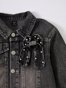 Girls Black & Grey Washed Denim Set Autumn Vintage Lapel Pearl Studded Bow Short Jacket Elastic Waist Wide Leg Jeans Two Pieces Outfit - Dark Grey - View 8