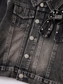 Girls Black & Grey Washed Denim Set Autumn Vintage Lapel Pearl Studded Bow Short Jacket Elastic Waist Wide Leg Jeans Two Pieces Outfit - Dark Grey - View 4