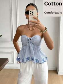 Serisse Women's Vacation Tie Front Printed & Embroidered Striped Camisole Top Summer Blue Holiday Resort - Baby Blue - View 5