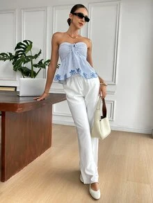 Serisse Women's Vacation Tie Front Printed & Embroidered Striped Camisole Top Summer Blue Holiday Resort - Baby Blue - View 6