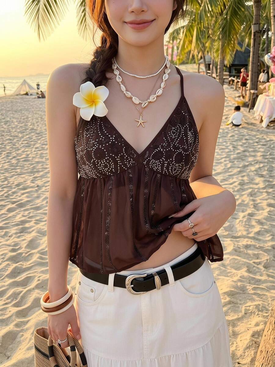 Serisse 女士亮片设计时尚荷叶边吊带背心，夏季法式棕色度假深V亮片吊带背心，飘逸网纱拼接，必备沙滩/派对/假日露脐上衣，夏季上衣，女士节日上衣，派对上衣，女士外出上衣，女士生日礼物，女士沙滩度假装，女士休闲衬衫，亮片上衣，棕色上衣