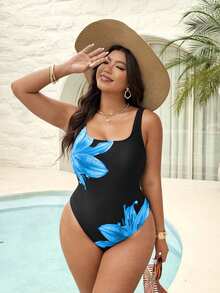 SHEIN Swim Baju Renang Terusan Wanita Ukuran Besar Motif Bunga Modis untuk Liburan - MultiWarna - View 5