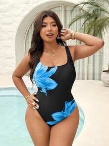 SHEIN Swim Baju Renang Terusan Wanita Ukuran Besar Motif Bunga Modis untuk Liburan - MultiWarna - View 7