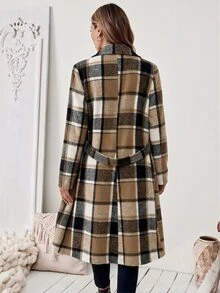 SHEIN 格紋缺口領鈕扣口袋長袖大衣 辦公室黑白配色 秋季成熟優雅 - 黃色 - 查看 2