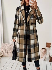 SHEIN 格紋缺口領鈕扣口袋長袖大衣 辦公室黑白配色 秋季成熟優雅 - 黃色 - 查看 5