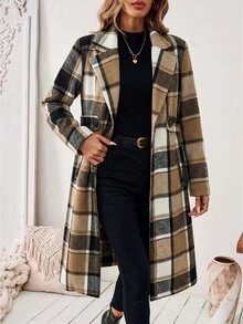 SHEIN 格紋缺口領鈕扣口袋長袖大衣 辦公室黑白配色 秋季成熟優雅 - 黃色 - 查看 7