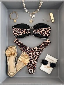 Swim Vcay Kvinnors sommarstrandsemester leopardtryck rynkad bystbikiniset - Multifärgad - Visa 6