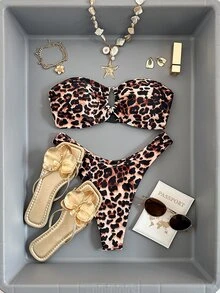 Swim Vcay Kvinnors sommarstrandsemester leopardtryck rynkad bystbikiniset - Multifärgad - Visa 5