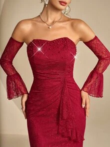 Modelyn Gaun Malam Formal Panjang Wanita dengan Renda, Tanpa Tali Bahu, Panel Depan Berpayet, Pinggang Ruffle (Gaya Hiasan Berat) - Burgundy - View 7