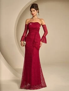 Modelyn Gaun Malam Formal Panjang Wanita dengan Renda, Tanpa Tali Bahu, Panel Depan Berpayet, Pinggang Ruffle (Gaya Hiasan Berat) - Burgundy - View 5