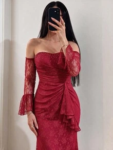 Modelyn Gaun Malam Formal Panjang Wanita dengan Renda, Tanpa Tali Bahu, Panel Depan Berpayet, Pinggang Ruffle (Gaya Hiasan Berat) - Burgundy - View 3