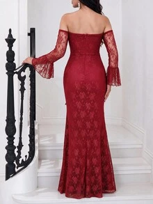 Modelyn Gaun Malam Formal Panjang Wanita dengan Renda, Tanpa Tali Bahu, Panel Depan Berpayet, Pinggang Ruffle (Gaya Hiasan Berat) - Burgundy - View 2