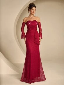 Modelyn Gaun Malam Formal Panjang Wanita dengan Renda, Tanpa Tali Bahu, Panel Depan Berpayet, Pinggang Ruffle (Gaya Hiasan Berat) - Burgundy - View 4
