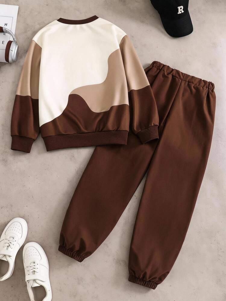 SHEIN Coolqubz 2pcs Boys Fashion Beige & Brown Long Pants Two Pieces Set, Brown Chest Graphic Print, Stylish Streetwear, Soft Comfortable Fabric, Easy To Wear, Suitable For Spring & Autumn, School, Outings, Must-Have Hot Item - Brown - View 2