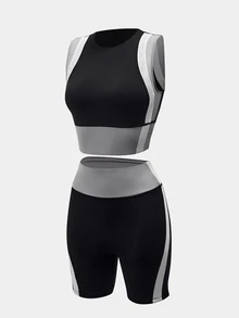 Easithlete Setelan Dua Potong Wanita: Atasan Tank Top Pendek dan Celana Pendek dengan Panel Motif Blok Warna, Cocok untuk Berolahraga Berkuda, Lari, dan Gym. - Dark Grey - View 10