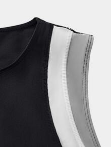 Easithlete Setelan Dua Potong Wanita: Atasan Tank Top Pendek dan Celana Pendek dengan Panel Motif Blok Warna, Cocok untuk Berolahraga Berkuda, Lari, dan Gym. - Dark Grey - View 12