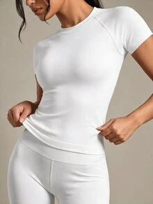 Gameset SHEIN Sport Solid Raglan Sleeve Sports Tee Gym Top Fitted Shirt Compression Shirt - White - View 1