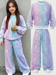 SHEIN Sparklyn طقم من قطعتين للبنات المراهقات بتصميم جديد وعصري، ملابس علوية بطبعة وياقة دائرية وأكمام طويلة مع بنطال واسع الساق، للخريف/الشتاء - متعدد الألوان - مشاهدة 1