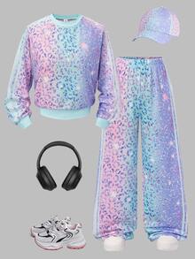 SHEIN Sparklyn طقم من قطعتين للبنات المراهقات بتصميم جديد وعصري، ملابس علوية بطبعة وياقة دائرية وأكمام طويلة مع بنطال واسع الساق، للخريف/الشتاء - متعدد الألوان - مشاهدة 3