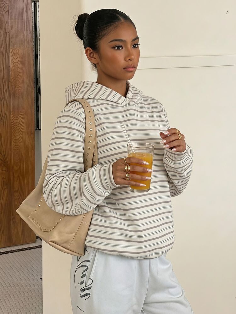 SHEIN Sparklyn Girls Gray Striped Hooded Sweatshirt, Loose Lazy Pullover Top, Casual Versatile Long Sleeve Sweatshirt For Teenagers Daily Wear - Multicolor - View 2