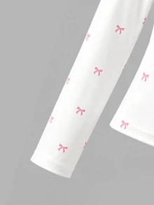 Tween女孩秋季套裝上衣 Y2K 可愛甜酷 2件套 粉色與白色蝴蝶結印花圓領長袖T恤 + 深灰色寬腿褲 校園風 - 彩色 - 查看 8