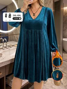 SHEIN CURVE+ Plus Size Women's Autumn/Winter V-Neck Long Sleeve Velvet Lace Trim Patchwork Light Blue Dress Fall Brunch Dinner Party Elegant - Blue - View 1