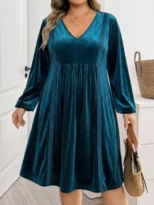 SHEIN CURVE+ Plus Size Women's Autumn/Winter V-Neck Long Sleeve Velvet Lace Trim Patchwork Light Blue Dress Fall Brunch Dinner Party Elegant - Blue - View 3