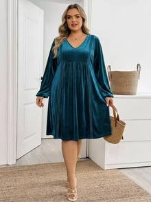 SHEIN CURVE+ Plus Size Women's Autumn/Winter V-Neck Long Sleeve Velvet Lace Trim Patchwork Light Blue Dress Fall Brunch Dinner Party Elegant - Blue - View 5