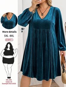 SHEIN CURVE+ Plus Size Women's Autumn/Winter V-Neck Long Sleeve Velvet Lace Trim Patchwork Light Blue Dress Fall Brunch Dinner Party Elegant - Blue - View 8