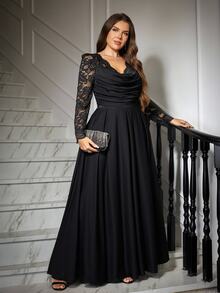 SHEIN CURVE+ Gaun Pesta Kasual Lipit Patchwork Renda untuk Wanita Ukuran Plus - Hitam - View 3