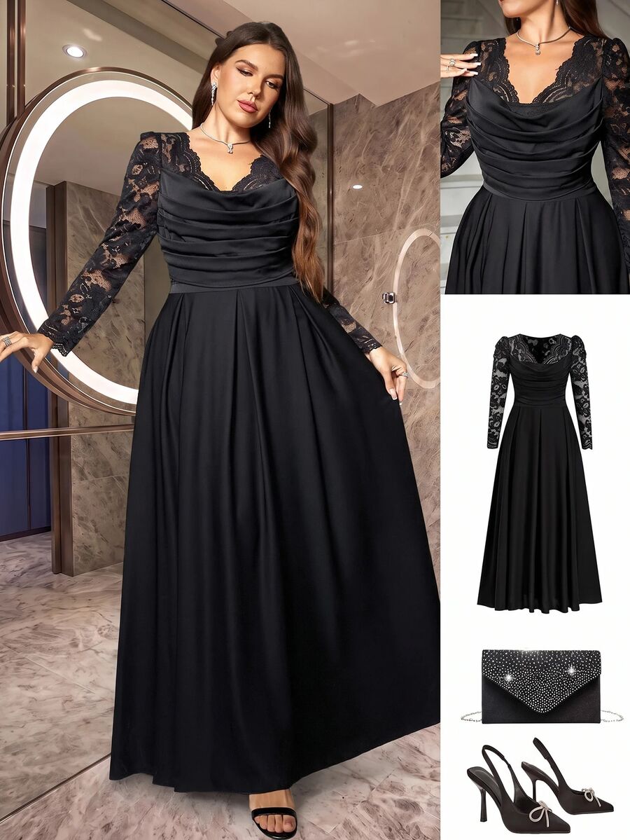 SHEIN CURVE+ Gaun Pesta Kasual Lipit Patchwork Renda untuk Wanita Ukuran Plus - Hitam - View 1