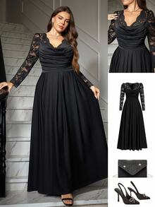 SHEIN CURVE+ Gaun Pesta Kasual Lipit Patchwork Renda untuk Wanita Ukuran Plus - Hitam - View 10