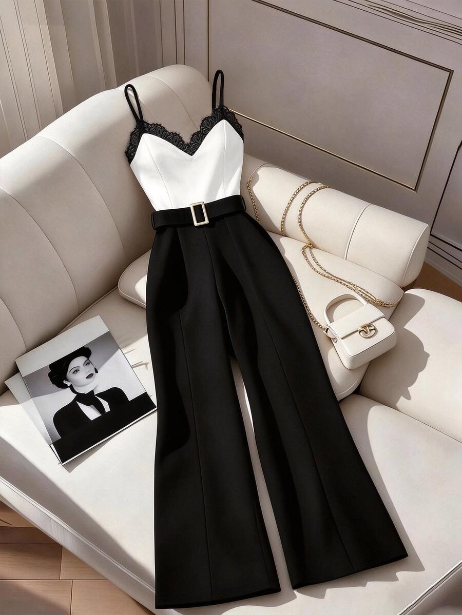 GlowEve Women's Colorblock Lace Elegant Cami Wide Leg Jumpsuit - Black and White - View 1