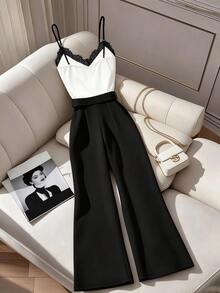 GlowEve Women's Colorblock Lace Elegant Cami Wide Leg Jumpsuit - Black and White - View 2