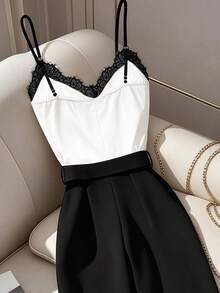 GlowEve Women's Colorblock Lace Elegant Cami Wide Leg Jumpsuit - Black and White - View 4