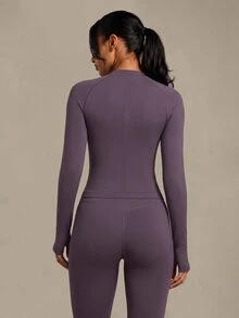 Eassivo Eassivo Women's Solid Color Round Neck Raglan Sleeve Fitted Sports T-Shirt/Seamless/Thumb Hole - Purple - View 2