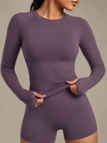 Eassivo Eassivo Women's Solid Color Round Neck Raglan Sleeve Fitted Sports T-Shirt/Seamless/Thumb Hole - Purple - View 4