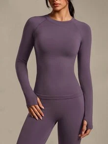 Eassivo Eassivo Women's Solid Color Round Neck Raglan Sleeve Fitted Sports T-Shirt/Seamless/Thumb Hole - Purple - View 6