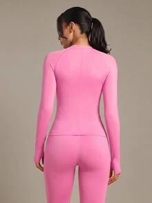 SHEIN Sports Thumbhole Long Sleeve Slim Fit Seamless Sports T-Shirt - Pink - View 2