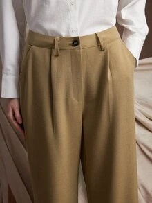 Trelyra 女款休閒百搭通勤純色直筒長褲，開學季、休閒上班、優雅秋季/夏季/秋冬款 - 卡其色 - 查看 4