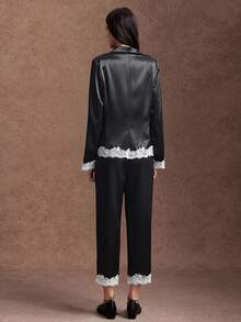 Trelyra 2 Pieces Set Glossy Satin Lace Contrast Color Design Long Sleeve Jacket And Pants Casual Commute,Autumn/Winter,Back To School, Party Outfit,Dinner - Black - View 2