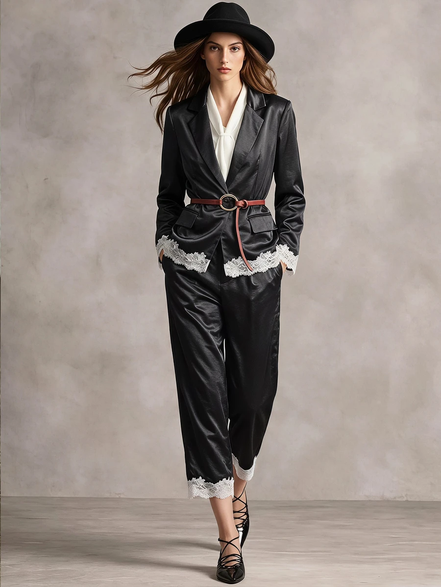 Trelyra 2 Pieces Set Glossy Satin Lace Contrast Color Design Long Sleeve Jacket And Pants Casual Commute,Autumn/Winter,Back To School, Party Outfit,Dinner - Black - View 1