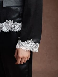 Trelyra 2 Pieces Set Glossy Satin Lace Contrast Color Design Long Sleeve Jacket And Pants Casual Commute,Autumn/Winter,Back To School, Party Outfit,Dinner - Black - View 7
