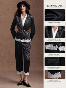 Trelyra 2 Pieces Set Glossy Satin Lace Contrast Color Design Long Sleeve Jacket And Pants Casual Commute,Autumn/Winter,Back To School, Party Outfit,Dinner - Black - View 3