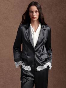 Trelyra 2 Pieces Set Glossy Satin Lace Contrast Color Design Long Sleeve Jacket And Pants Casual Commute,Autumn/Winter,Back To School, Party Outfit,Dinner - Black - View 4
