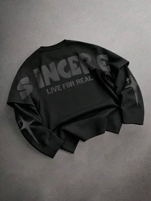 STYNVO Kaos Pria Lengan Panjang Kerah Bulat dengan Cetakan Huruf, Gaya Kasual - Hitam - View 1