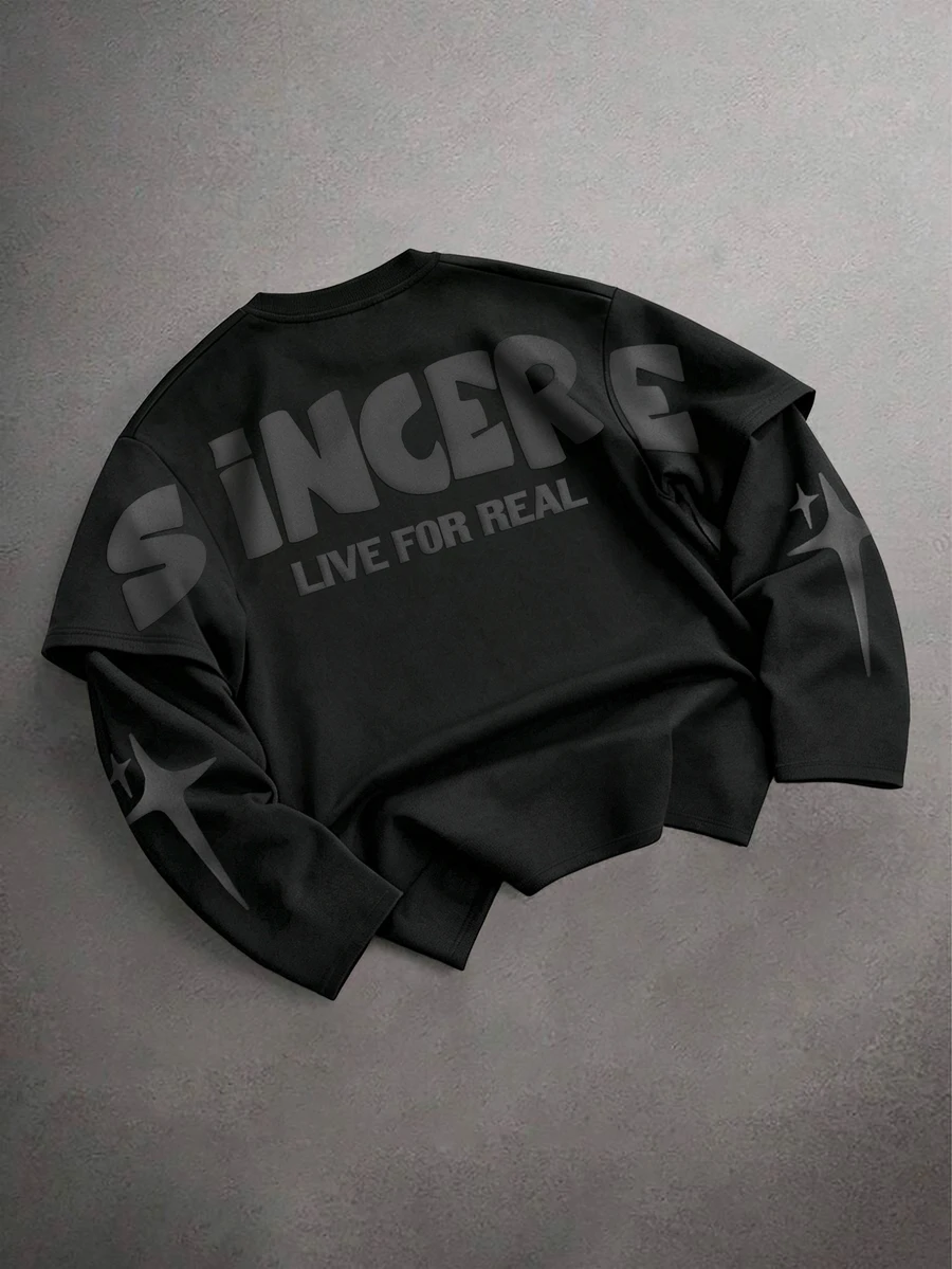 STYNVO Kaos Pria Lengan Panjang Kerah Bulat dengan Cetakan Huruf, Gaya Kasual - Hitam - View 1