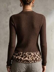 LUMIGAL Women's Patchwork Leopard Print Round Neck Long Sleeve Fashion Sweater - Multicolor - View 2