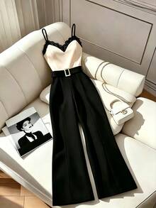 GlowEve Women's Colorblock Lace Elegant Wide Leg Cami Jumpsuit - Apricot - View 1